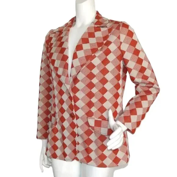 VINTAGE Blazer, M/L, Orange/Off-White Diamonds/Check, 2 buttons, Poly - Picture 3 of 12